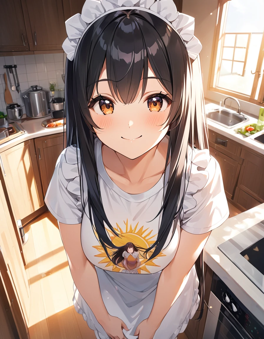 Girl,cute,cute,From above,Chest to head,smile,Straight Hair,Long Hair,Black Hair,sunny,big breast photos,Long T-shirt,looking at the camera,Maid clothes,My Room,kitchen,noon,Sun light,Are standing