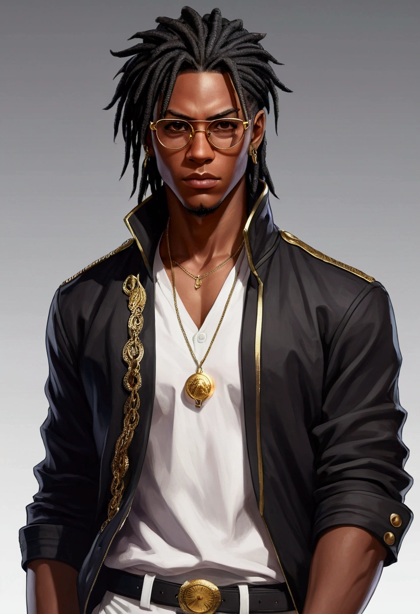 Dark-skinned young man with brown eyes and a black jacket., Black dreadlocks, Black prescription glasses, Hairstyle with dreadlocks, Black horns coming from head, in human style, colorful sketch, unrealistic character concept, Conceptual portrait of my character, подробный character portrait, anime style character, anime style portrait, character portrait, cel - shaded art style, His outfit consists of black, unbuttoned jacket with gold buttons on the front and bottom of the sleeves, he wears a white V-neck shirt., White pants, large black belt with gold buckle, smaller black belt, hanging from the side of her hip, and he's wearing beige shoes with black buckles, вдохновение King of Fighters potrait