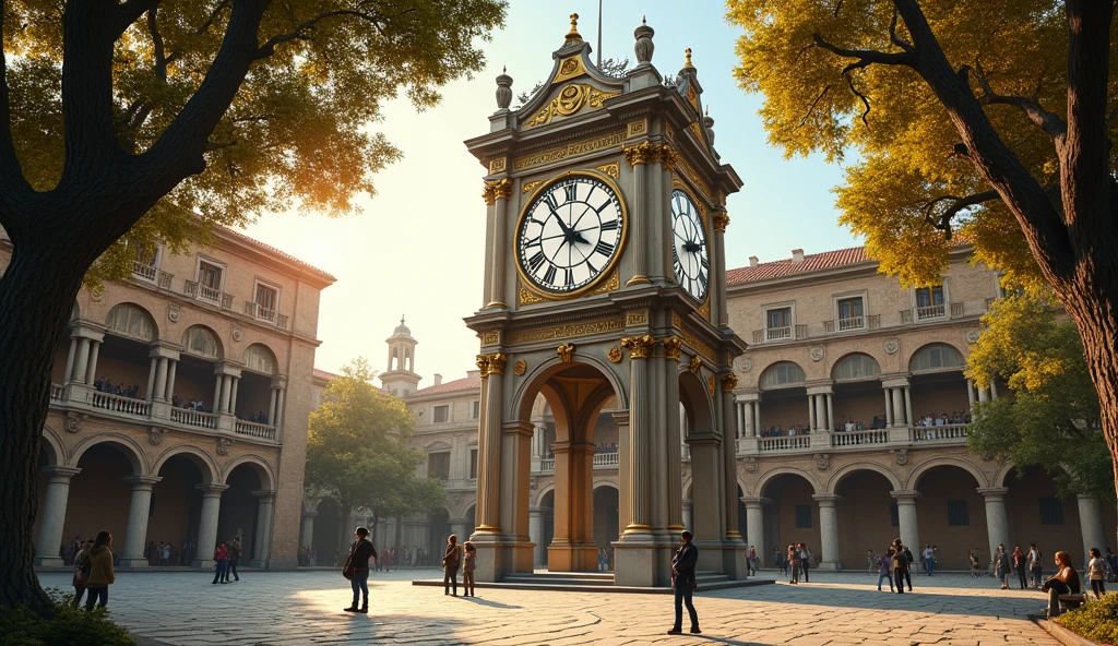 Imagine the scene of an ancient and peaceful square, with a giant clock in the center. This tower clock dominates the landscape, with a classic design and ornate bronze and gold details. The dial is large and well lit, with imposing hands that indicate the time precisely. The surrounding square is covered with stones and surrounded by ancient trees with leaves fluttering in the gentle wind.. Some people walk calmly, admiring the clock, as the soft late afternoon light bathes the scene in golden and orange hues.