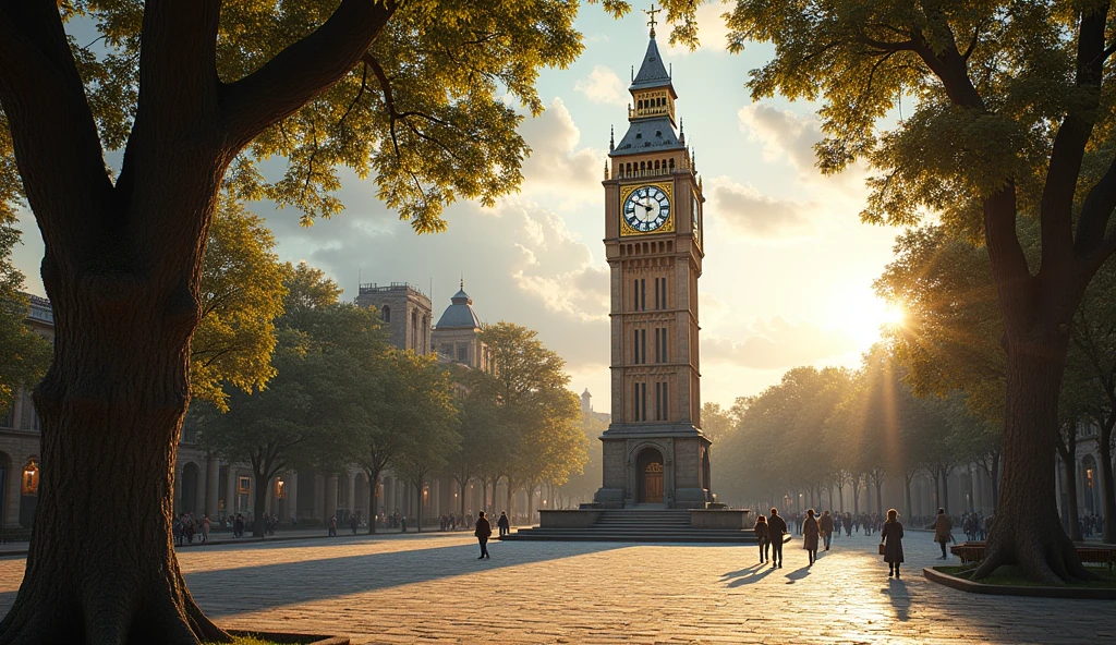 Imagine the scene of an ancient and peaceful square, with a giant clock in the center. This tower clock dominates the landscape, with a classic design and ornate bronze and gold details. The dial is large and well lit, with imposing hands that indicate the time precisely. The surrounding square is covered with stones and surrounded by ancient trees with leaves fluttering in the gentle wind.. Some people walk calmly, admiring the clock, as the soft late afternoon light bathes the scene in golden and orange hues.