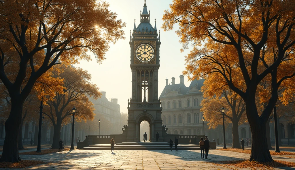 Imagine the scene of an ancient and peaceful square, with a giant clock in the center. This tower clock dominates the landscape, with a classic design and ornate bronze and gold details. The dial is large and well lit, with imposing hands that indicate the time precisely. The surrounding square is covered with stones and surrounded by ancient trees with leaves fluttering in the gentle wind.. Some people walk calmly, admiring the clock, as the soft late afternoon light bathes the scene in golden and orange hues.