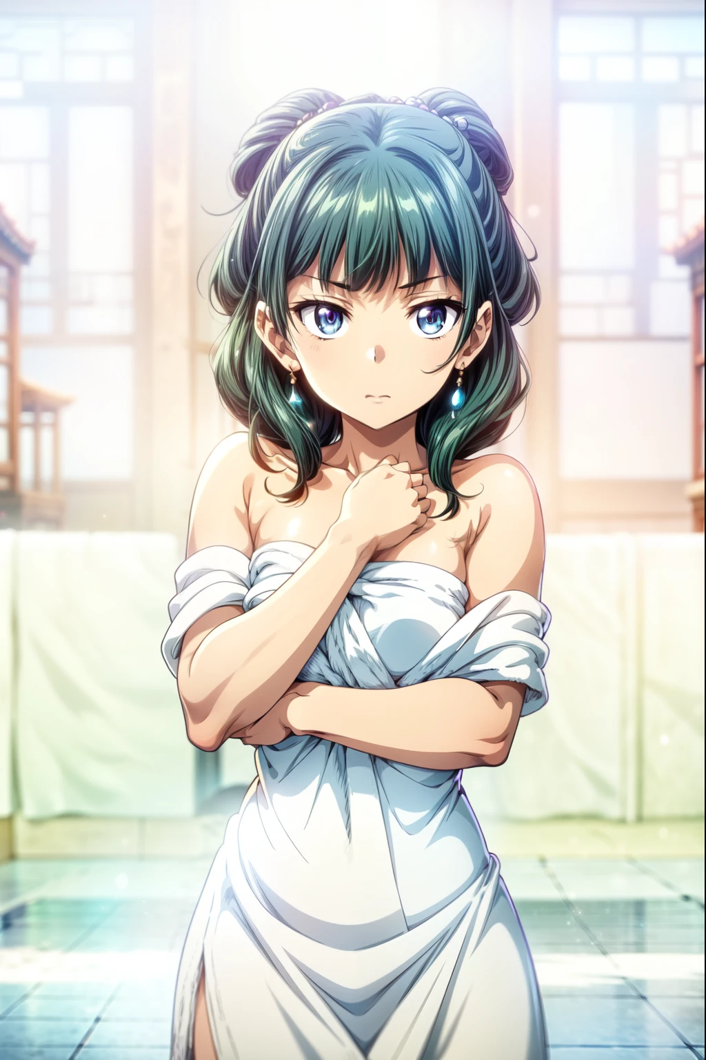 (Masterpiece, High Quality, Top quality, High-Detailed, Detailed CG, Cinematic Shadow, Cinematic Scene, Beautiful Detailed Eyes, Ultra Resolution, Depth of Field, High Resolution, Masterpiece: 1.2), Anime Art style, Very Detailed, Dynamic Angle, Style, Detailed Green Hair, Detailed Blue Eyes, Purple Eye, Slim Body, Sparkling Eyes, Sparkling Detailed Eyes, Hair Accessory, Earrings, Slightly Blunt Bangs, Looking the Audience, (Embarrassing Expression:1.2), (Towel:1.2), (White Towel), (Almost Naked), (Naked Towel), (Anime Girl Holding a Towel to cover it's body), (Only wear Towel:1.2), (Cover Body With Towel), Good Composition, Hand, weat, Thick Thighs, Small Breasts, Small Size Breasts, Blur Background, Chinese Architectures