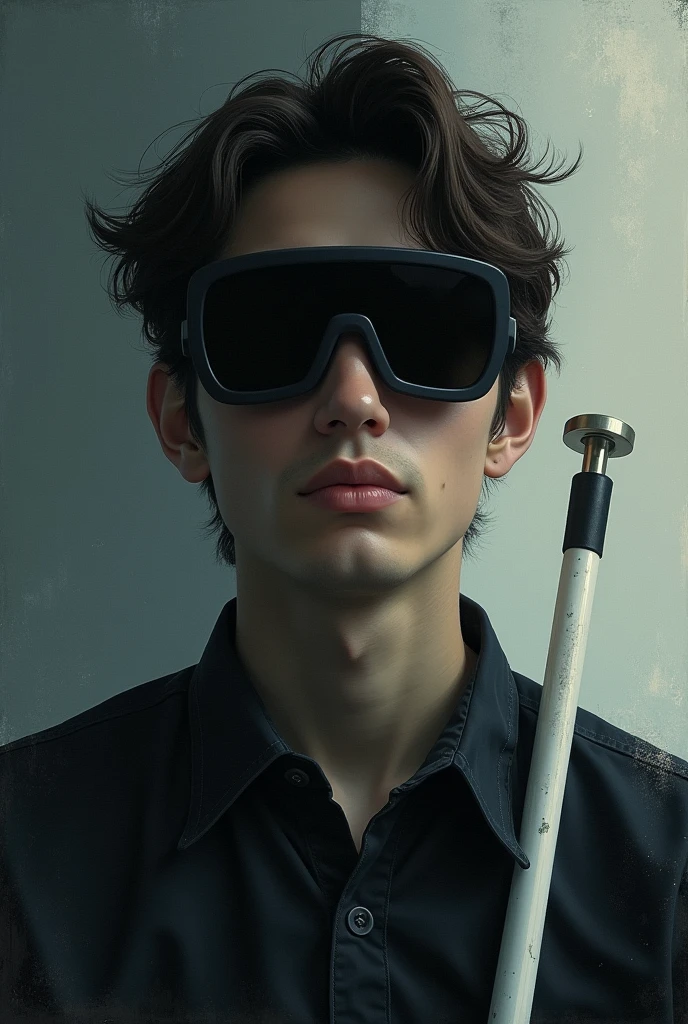 Create a cover for a book called: Invisible Trajectories by author João Vittor De Souza Silva. Show on the cover a visually impaired young man with a cane for the blind and sunglasses. USE DARK COLORS