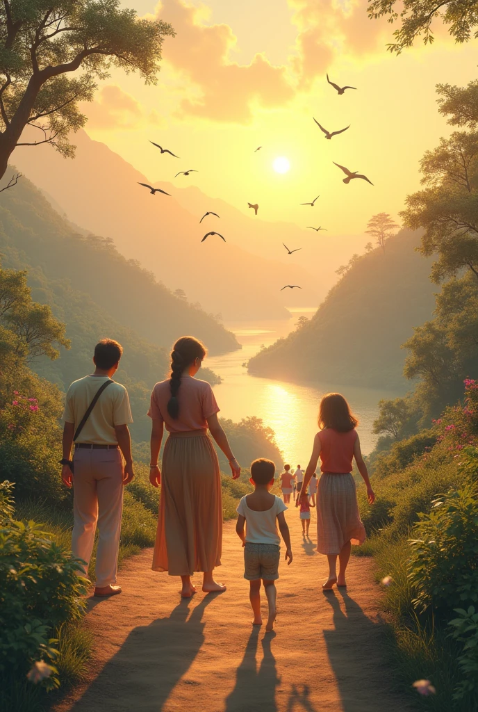 (photorealism:1.2), beautiful mature, sun rise, people go work, children playing, birds flying, animal