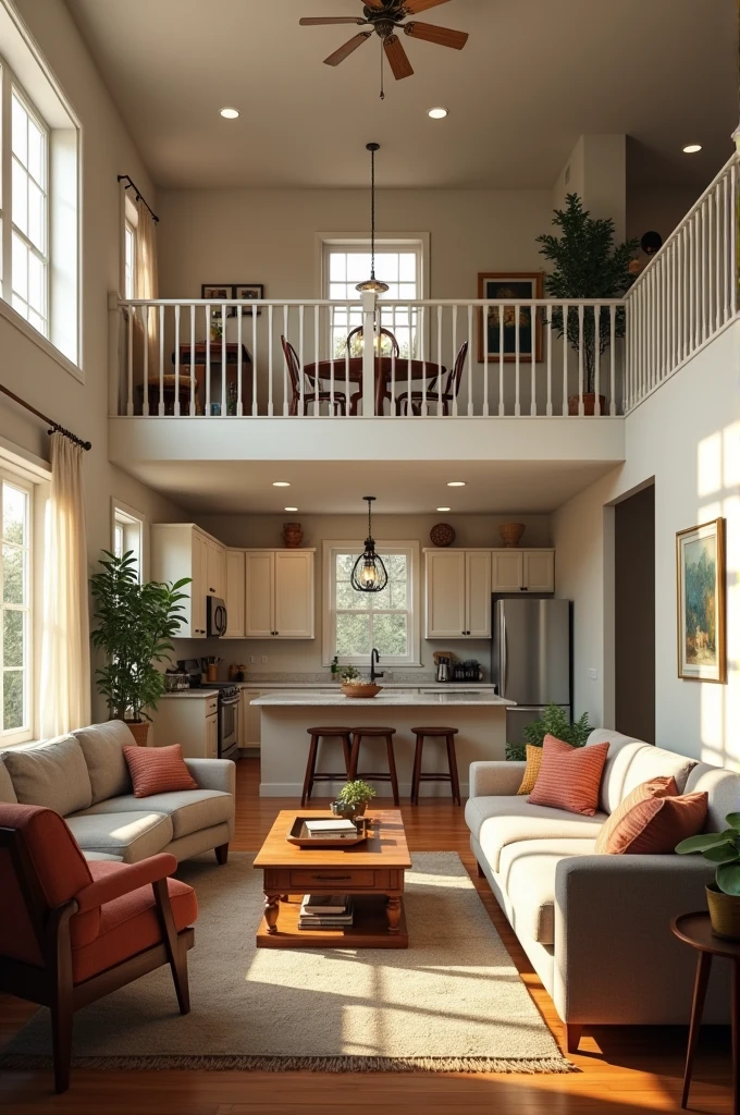 Create a photo of the interior of a typical American home showing the living room, kitchen, the stairs to the second floor, windows and all the furniture in the rooms.