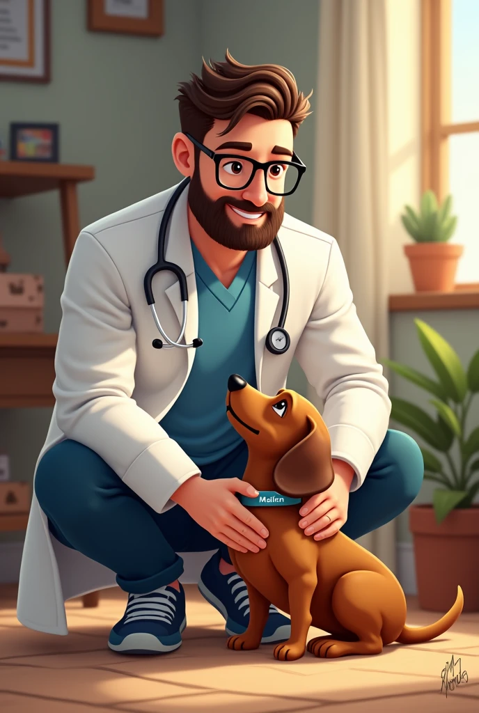 doctor:
Age and Appearance: A 28 year old man, with a strong build and round face. Brown hair and brown beard.
glasses: Be sure to include prescription glasses.
Clothing: He may be dressed in a doctor's coat or casual attire., depending on the context.
Puppy:
Race and Appearance: A black Dachshund, which is a breed with an elongated body and short legs.
Dog Collar: Include a name collar "Mailon".
Composition:
interaction: The doctor may be crouched down or sitting with the dog next to him., showing affection or playing.
context: It can be a simple background or related to the doctor's environment., such as an office or an outdoor area.