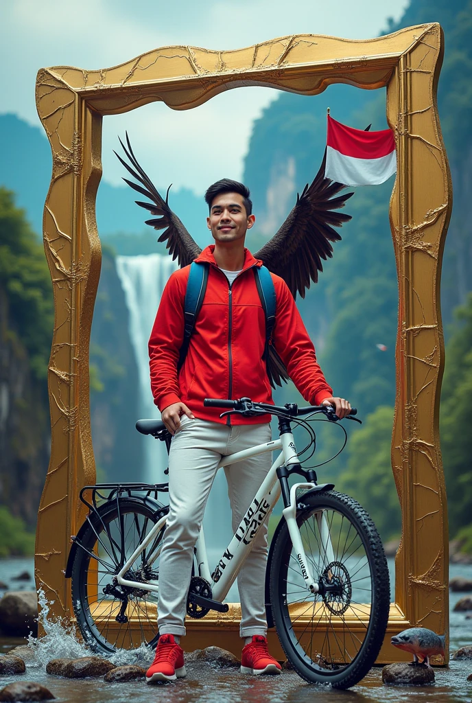 Gambar 4D abstrak seorang pria ganteng wajah polos bersih tersenyum memakai jaket red celana putih sepatu catch red, carry a backpack,ada sebuah bendera red putih indonesia dengan tiang kayu berada di punggungnya ,dia sedang berdiri dgn sepeda mountain putih yg berada disampingnya tangan pada stang sepeda,an eagle's tail is on his shoulder ,mountain,tree,waterfall and flowing river are such a beautiful contrasting view in a cracked frame of shining platinum metal,whole picture with color,,milk gold,blue,red,green,black,cream ,create unique and fantastic effect images, images in the frame come out of the frame,there is water flowing out of the frame and fish rocks a fantastic picture ,with a touch of neon on the side of the frame and a reflective shadow at the bottom of the frame,shiny,side view details
