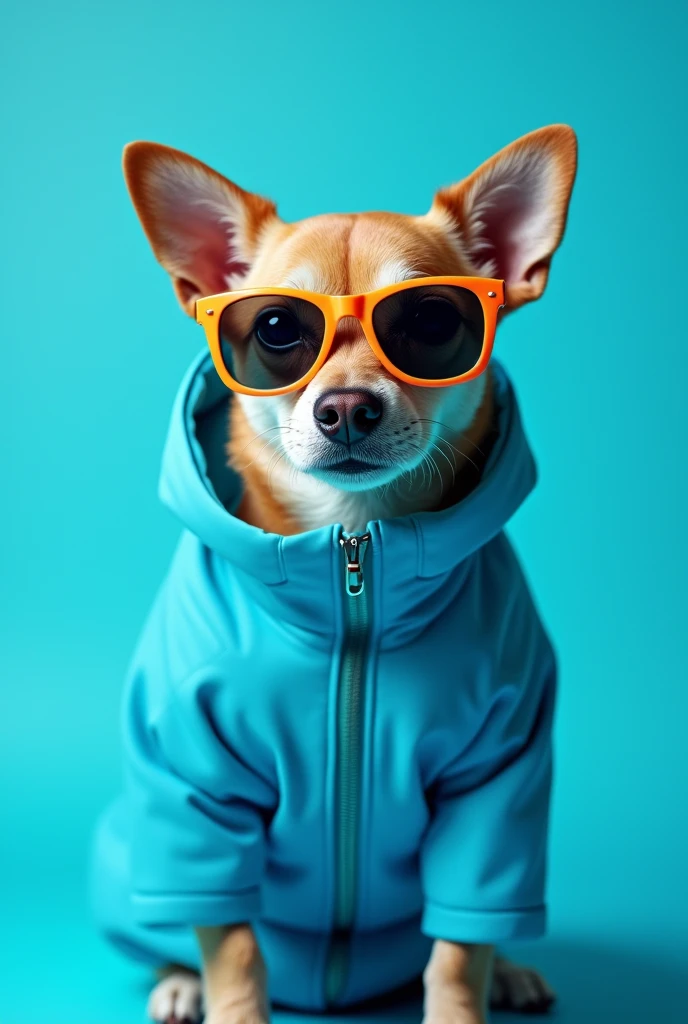 The best cell phone wallpaper, Award-Winning Wallpaper, portrait photography, In the front view is a portrait of a cute dog wearing mid-1960s space age fashion, Side view photo, Shot with Canon EOS R5, Set a strong contrast that accentuates the subject, Fluorescent blue tone, Wearing a very modern coat and sunglasses is a modern 1960s style, Clothes all in one color, beautiful background