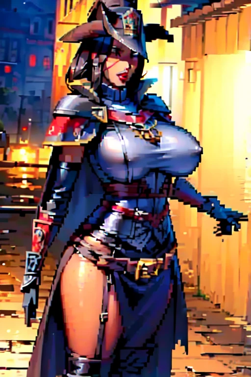 The woman, ((edgBB, black gloves, belt, shelter, torn clothes, Capelet, gauntlets,arms at the sides, forearms, black cape, tricorn, Hunter (transmitted by blood), woman wearing edgBB_attire)), Very detailed, Realistic long-term photography., 4k, by the wide, brown hair, By the chestnut, Red lips,sexy,red lips, brown eyes, big breasts, big breasts, Lucia Auditore
