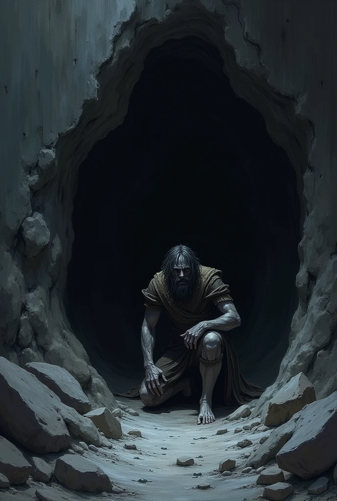 Make a drawing of a cave with a man hiding from the shadows
