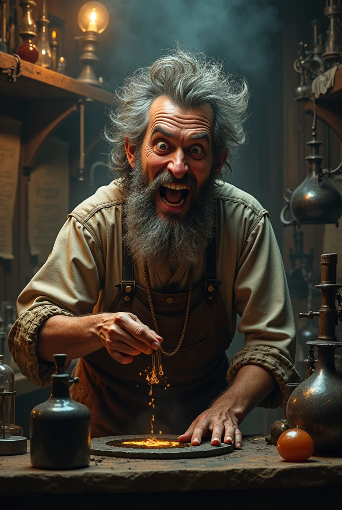 Realistic image of an excited blacksmith man in antique clothes as if he were a crazy blacksmith scientist