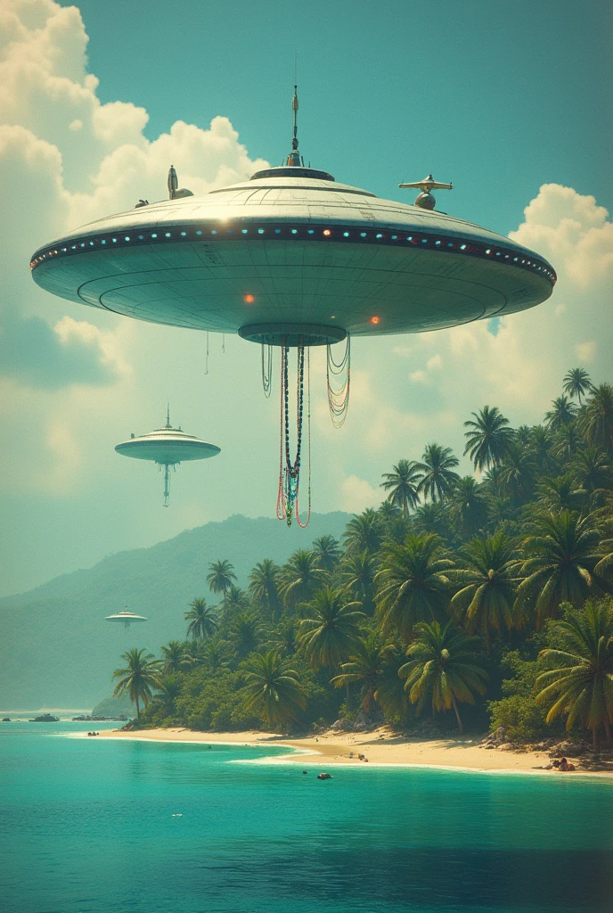 60s circle style alien spaceship flying over the island with necklaces