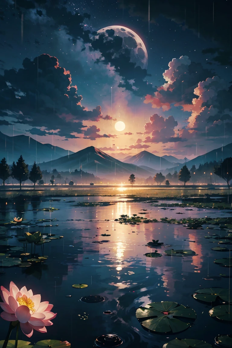 natta, Only moonlight illuminates, Meniscus, mountain in the distance, Beautiful big lotus nearby, Big red lotus, There is running water next to it, frogs, Summer is full of joy, The crescent moon and stars in the sky are mixed together, amazing wallpapers, raining night, rainy night, Beautiful and beautiful, cinematic ligh, high detal ((heavy rain poured))), 8K