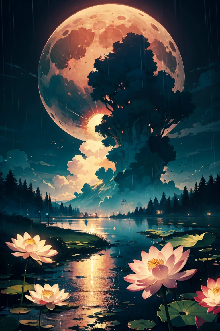 natta, Only moonlight illuminates, Meniscus, mountain in the distance, Beautiful big lotus nearby, Big red lotus, There is running water next to it, frogs, Summer is full of joy, The crescent moon and stars in the sky are mixed together, amazing wallpapers, raining night, rainy night, Beautiful and beautiful, cinematic ligh, high detal ((heavy rain poured))), 8K