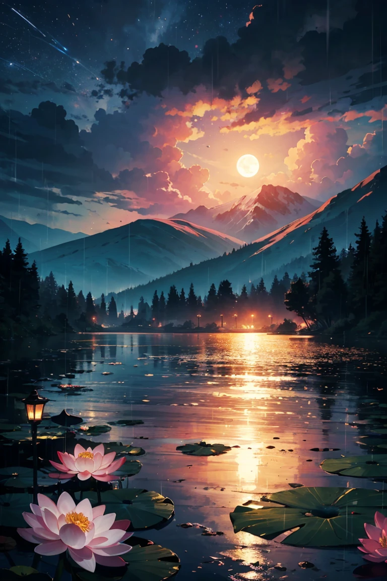 natta, Only moonlight illuminates, Meniscus, mountain in the distance, Beautiful big lotus nearby, Big red lotus, There is running water next to it, frogs, Summer is full of joy, The crescent moon and stars in the sky are mixed together, amazing wallpapers, raining night, rainy night, Beautiful and beautiful, cinematic ligh, high detal ((heavy rain poured))), 8K