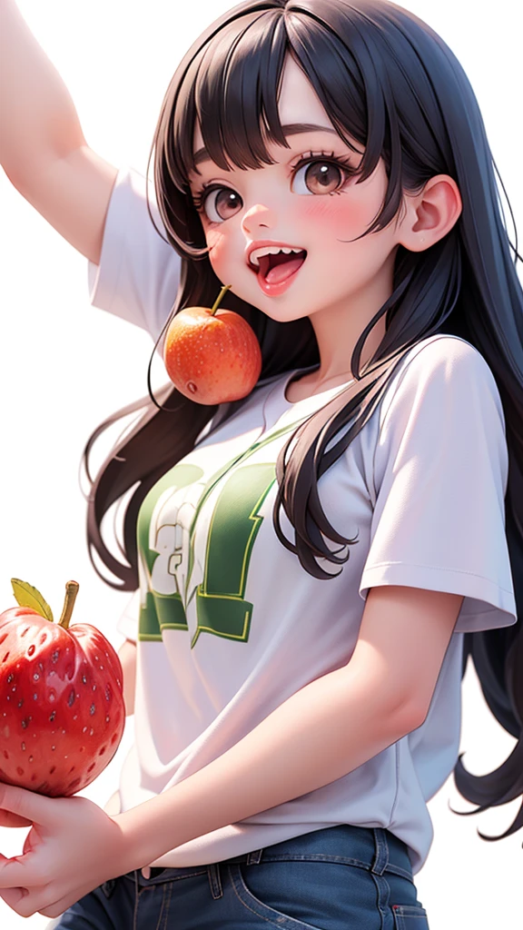 full-bodyBig Head Caricature/Super Hyper Image of a Beautiful Thai Girl with a Sweet and Charming Face/Braces/Beautiful Long Hair/Red Mouth, Wide Laughter, Thick Mouth, Not Looking at the Camera, Wearing a Size L T-Shirt, Tasting fruit, white Background, Very Real Image, Head to Toe Image. Play baseball