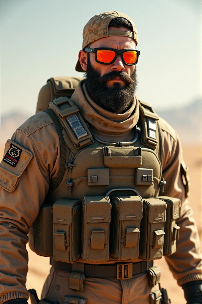 Draw the character Hank from the game Bloodstrike. His features are: -Goatee beard -Desert camouflage military suit -Backwards cap in desert camouflage style -Orange glasses -Good physical appearance