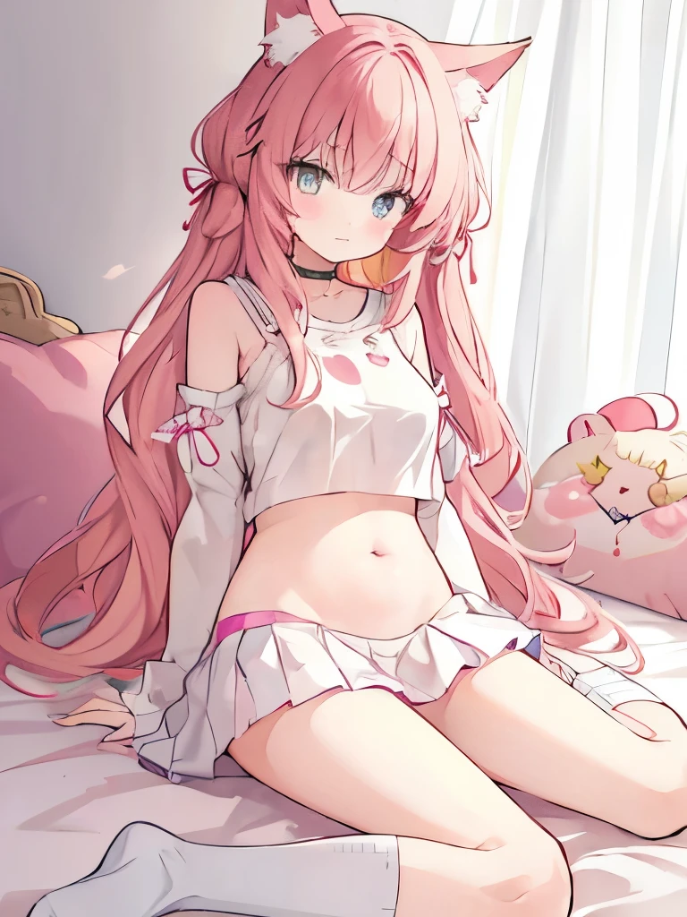 Cute anime girl, catgirl, pink haired, long hair, long fluffy hair with 2 tails at the bottom++, ribbon hairpins on both sides, strawberry hair ties, light plump skin, worried face, pink cute eyes++, white oversized shirt, exposed belly, yellow bracelets on both wrists, thin short skirt, exposed thighs, medium sized breasts, yellow bandages on both thighs++, white oversized socks, bedroom background, laying down on a bed, NSFW, 