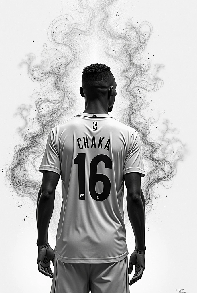 Man with an aura and a shirt with the number 16 and the name Chaka, all in a black and white 2D drawing