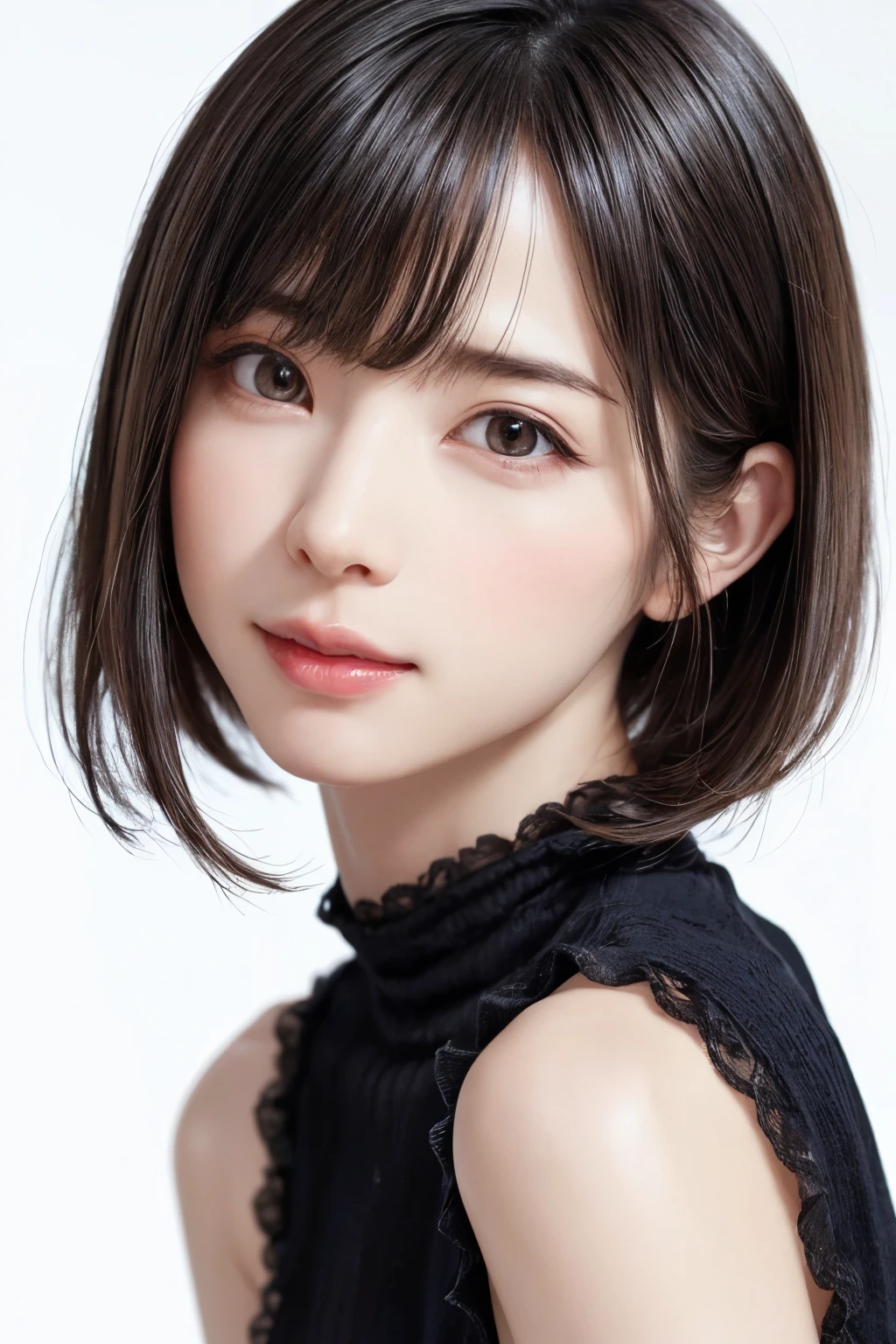 ((masterpiece, Highest quality, High resolution、Realisticですべてが美しく詳細に描かれている)), 1 girl, (Realistic: 1.4), alone, White Background, snow-White Background, Mouth closed, smile, smile, Beautiful black hair, short hair, Big eyes, Transparent double eyelids, eyelash, Listen carefully, Long neck, 美しくLong neck, Absolute area, ((Face close-up)), (Draw the whole head, shoulder), 19 years old, Attractive proportions, Glowing Skin, Beautiful clavicle, Golden ratio face, Perfect Face, Teardrop-shaped mole, chestのほくろ, bangs, clean bangs, beautiful bangs, Lip gloss, Thin lips, Fair skin, naked, Big Breasts, {Huge|big|Hugeな|Mega} chest:2, chestの谷間:2,chestの谷間を見せる、Small face, Small face, All the heads are painted, shoulder all drawn, Point slightly above the camera