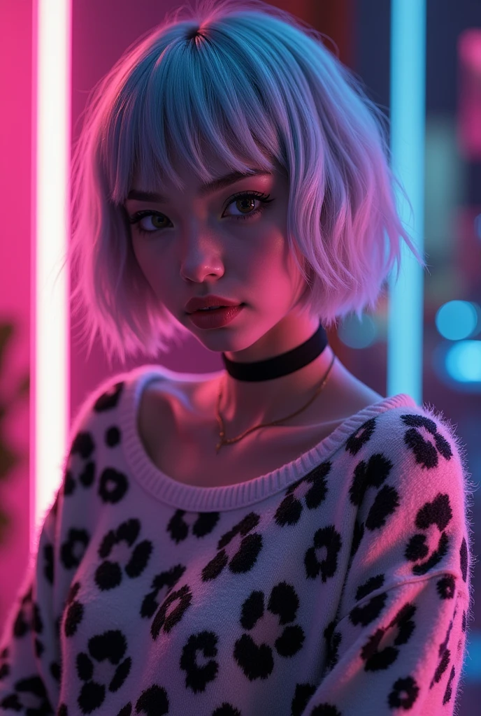neonbeat, short hair, snow leopard, sweater, comfy