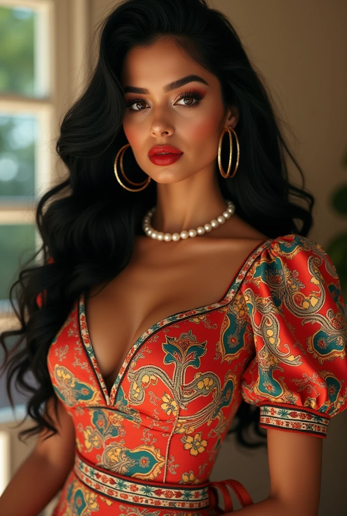 melhor qualidade, alto_Resolução, distinto_imagem, hindi woman with long, wavy black volumous hair, black eyes, plump dark red lips, wearing a vibrant vintage dress with Latin-inspired patterns, such as flowers and geometric shapes. The dress features puffed sleeves and a wide belt. The look is completed with large hoop earrings, a pearl necklace, and retro-style mid-heeled shoes. Sensual and confident pose.