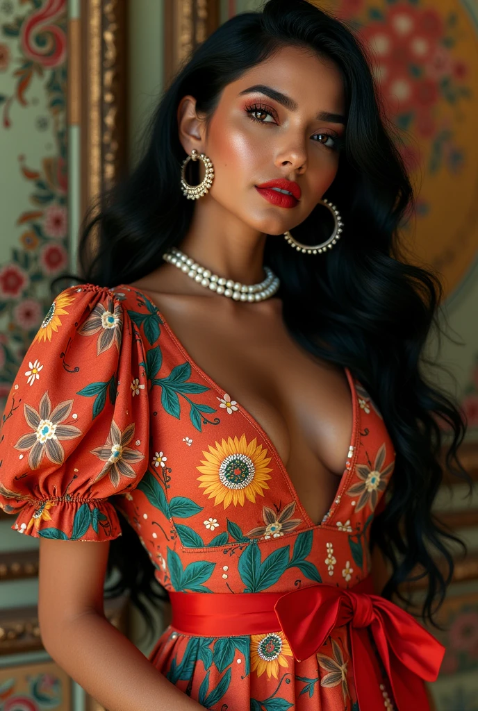 melhor qualidade, alto_Resolução, distinto_imagem, hindi woman with long, wavy black volumous hair, black eyes, plump dark red lips, wearing a vibrant vintage dress with Latin-inspired patterns, such as flowers and geometric shapes. The dress features ed sleeves and a wide belt. The look is completed with large hoop earrings, a pearl necklace, and retro-style mid-heeled shoes. Sensual and confident pose.
