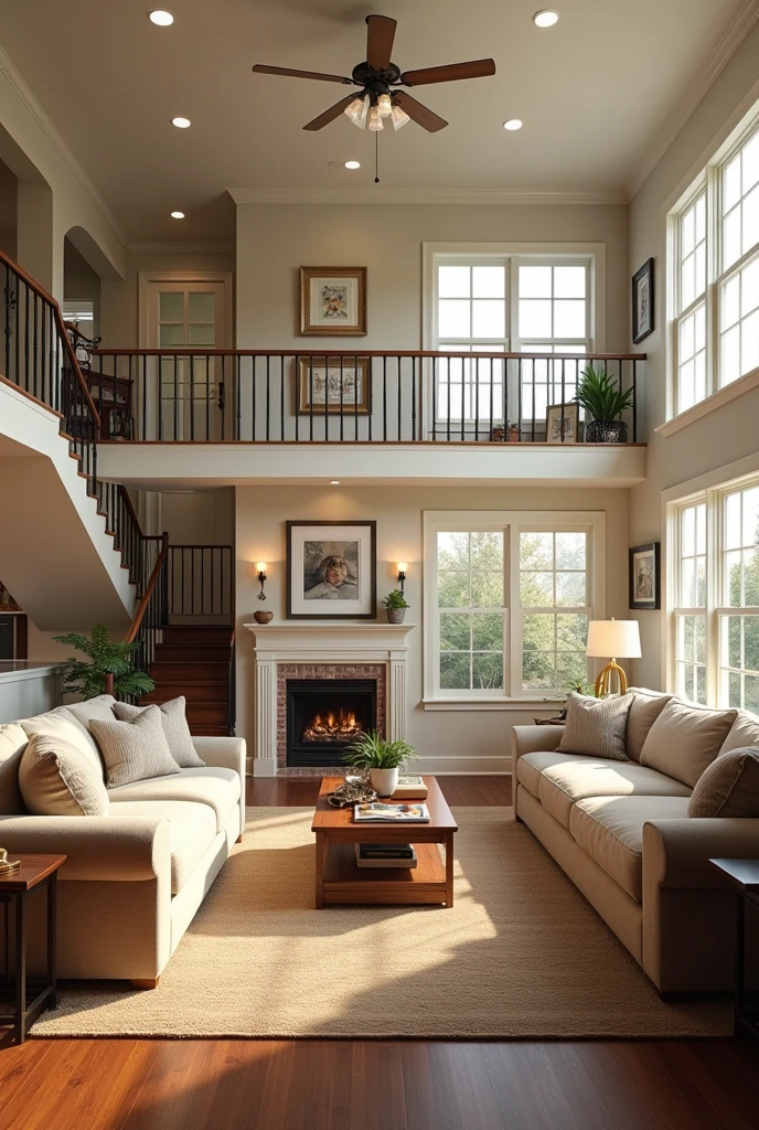 Create a photo of the interior of a typical American home in North Carolina that shows the living room, kitchen, the stairs to the second floor, windows and all the furniture in the rooms.