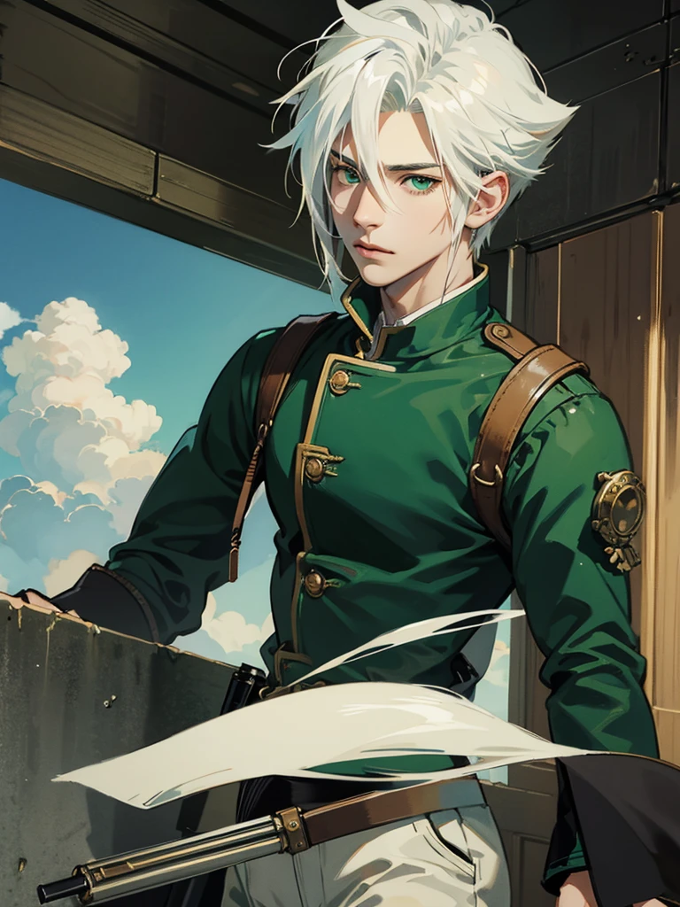 Cloud Strife with white hair and green eyes, using pistols in their hands, wearing steam punk clothes, drawn in anime style