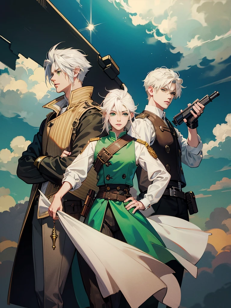Cloud Strife with white hair and green eyes, using pistols in their hands, wearing steam punk clothes, drawn in anime style