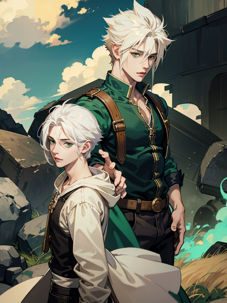 Cloud Strife with white hair and green eyes, using pistols in their hands, wearing steam punk clothes, drawn in anime style