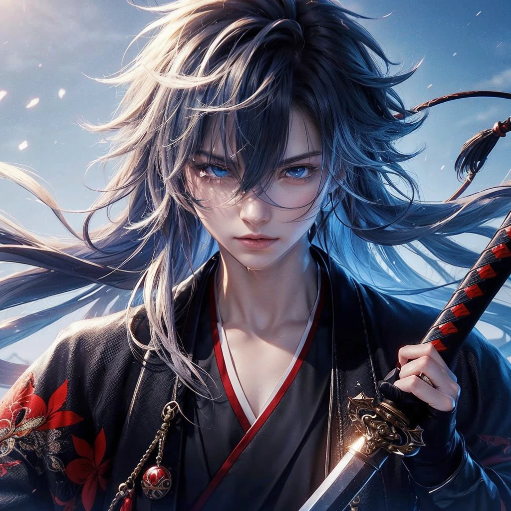 a badass anime male character with a sword and a blue eye, highly detailed, 8k, 4k anime wallpaper, handsome anime killer style, cinematic lighting, dramatic shadows, elegant pose, intricate character design, vivid colors, dynamic composition, photorealistic, masterpiece, (best quality, 4k, 8k, highres, masterpiece:1.2), ultra-detailed, (realistic, photorealistic, photo-realistic:1.37)