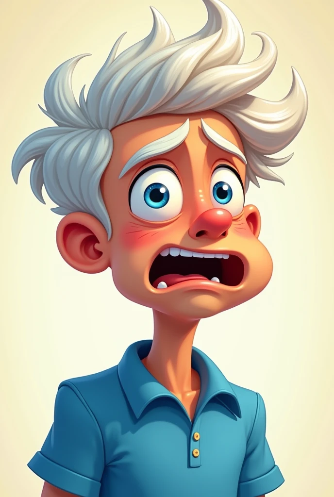 (best qualityer) cartoon of a young man with white hair, blue eyes, white eyebrow, with blue blouse, scared