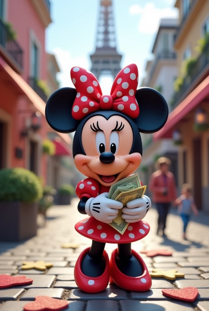 Miniature Minnie Mouse with banknotes in her hands in Paris