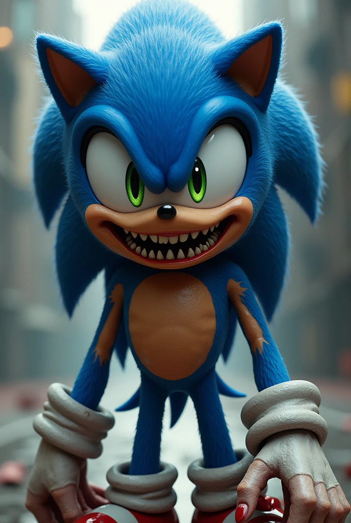 Create Sonic with a terrifying anime-style appearance, I don&#39;t want it to be 3D, that has big eyes, a big smile with sharp teeth, and its elongated joints