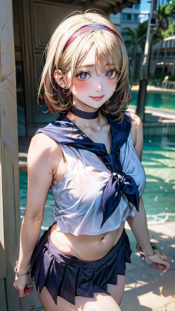 (masterpiece:1.2, top-quality), ultra-detailed, (realistic, photorealistic:1.4), beautiful illustration, (natural side lighting, movie lighting), depth of fields, 
beautiful hair, beautiful face, beautiful detailed eyes, beautiful clavicle, beautiful body, beautiful chest, beautiful thigh, beautiful legs, beautiful fingers, perfect style, 
looking at viewer, 1 girl, japanese, gravure Idol, high school girl, perfect face, cute and symmetrical face, 
(short hair, blonde hair), blue eyes, realistic pupils, long eye lasher, (large breasts, thigh thickness), suntan, shinny skin, emphasizes cleavage, 
((sleeveless navy sailor shirt, open front, navel, navy sheer micro mini skirt, red sailor scarf), choker, wrist chakra, hairband), 
(beautiful scenery), tropical beaches, (versatile sexy poses), (lovely smile, upper eyes),