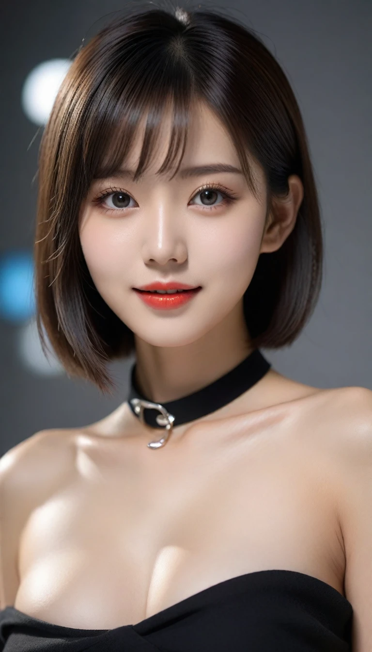 8k, Ultra-high resolution, Highest quality, masterpiece, 三分割法によるphotograph,Surreal, photograph, 1 Girl, (:1.3), pretty girl, Cute Face, 細部までBeautiful Eyes, 細かくdetailedに,masterpiece,One Girl:1.2,Japanese female announcer,close up,smile,Black Hair,Bowl cut(Ultra-realistic) , (figure), (Increase the resolution), (8k), (非常にdetailedな), (best figure), (Beautiful attention to detail), (Highest quality), (非常にdetailedな), (masterpiece), (wallpaper), (detailedな顔), alone,1 girl, Looking at the audience, Subtle details, detailedな顔s, In the Dark, Deep Shadow, Modest,Pure Erotic Face Ace_v1, smile,Attractive girl、16 years oldmale body:1.4)、(女の子のポートレートphotograph:1.4Photorealistic images:1.4),Fantasy art,(Beautiful Face:1.4),Beautiful and attractive eyes、Beautiful Eyes、(Tight waist:1.4)、(9 Beautiful girls with perfect body proportions:1.4),Red lips,(choker:1.4),Looking at the audience,(((Ideal body type))),A-cup small breasts :2,、Portraiture:2、Perfect Anatomy、鮮明なdetailed、detailed,Fashion magazine cover,Thin lips,Gray background ,完璧でBeautiful Face ,完璧でCute Face, Skin with attention to detail, Perfect limbs、Narrow waist,Looking at the audience,(((Ideal body type))),A cup small breasts :2,Portraiture:2,Perfect Anatomy,鮮明なdetailed,detailed,Surreal,Light and shadow,spotlight
