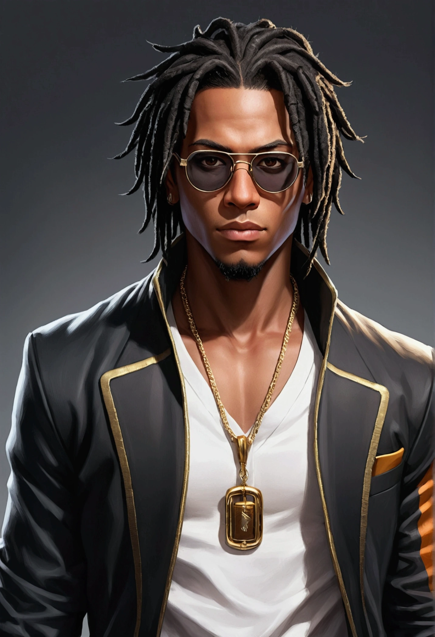 Dark-skinned young man with brown eyes and a black jacket., Black dreadlocks, Black prescription glasses, Hairstyle with dreadlocks, Black horns coming from head, in human style, colorful sketch, unrealistic character concept, Conceptual portrait of my character, подробный character portrait, anime style character, anime style portrait, character portrait, cel - shaded art style, His outfit consists of black, unbuttoned jacket with gold buttons on the front and bottom of the sleeves, he wears a white V-neck shirt., White pants, large black belt with gold buckle, smaller black belt, hanging from the side of her hip, and he&#39;s wearing beige shoes with black buckles, вдохновение King of Fighters potrait 