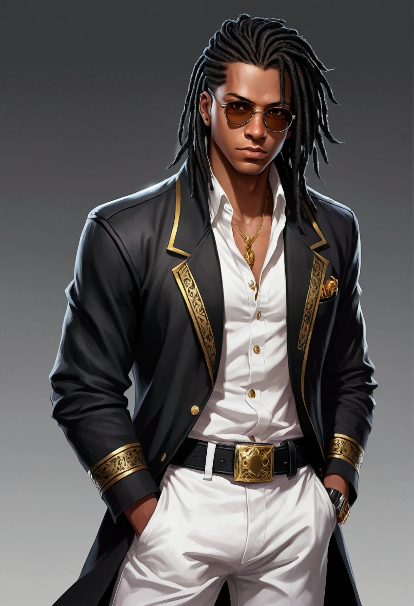 Dark-skinned young man with brown eyes and a black jacket., Black dreadlocks, Black prescription glasses, Hairstyle with dreadlocks, Black horns coming from head, in human style, colorful sketch, unrealistic character concept, Conceptual portrait of my character, подробный character portrait, anime style character, anime style portrait, character portrait, cel - shaded art style, His outfit consists of black, unbuttoned jacket with gold buttons on the front and bottom of the sleeves, he wears a white V-neck shirt., White pants, large black belt with gold buckle, smaller black belt, hanging from the side of her hip, and he&#39;s wearing beige shoes with black buckles, вдохновение King of Fighters potrait 