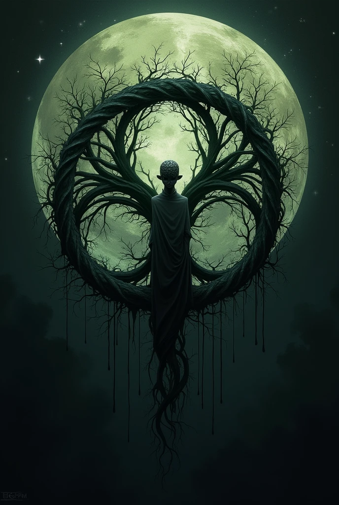 This symbol can be an intertwined circle with twisted branches or roots., evoking a connection with nature and the occult. inside the circle, An abstract figure is found that represents a withered or decaying leaf, symbolizing the passage of time, the cycle of life and death, and what is hidden in the shadows.
This symbol may also include details of small stars or points of light on the periphery., representing Salem's connection to the world of dreams and the mystical. The colors could be in shades of black, dark green, and gray, with hints of pale green that allude to her hair and her magical nature.