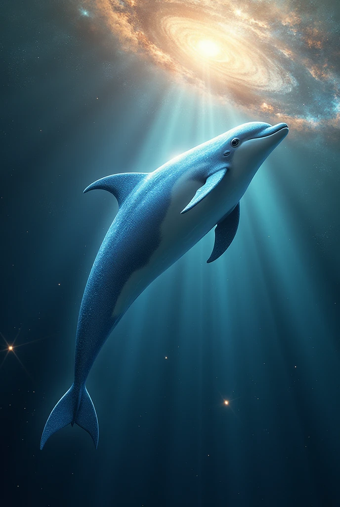 Realistic dolphin, shining space, swimming god々A new light comes from above. A star rejoices at its birth.々Blessings from