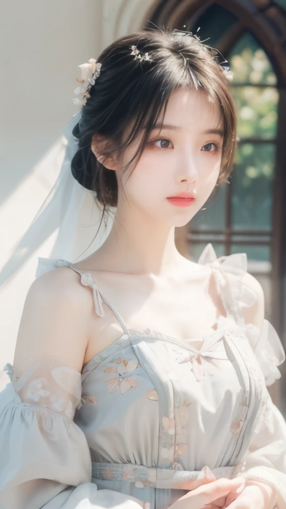 1 girl,Beautiful, Floral Pattern, Radiant Skin, Seductive gaze, Decorative clothing, Natural Lighting, Shallow to see deep, Romantic environment, Dreamy pastel tones, Peculiar details, Film shooting,(8K, original photo:1.2), best quality, Ultra-high resolution,CG Unity 8k Wallpaper,masterpiece,best quality,Very detailed