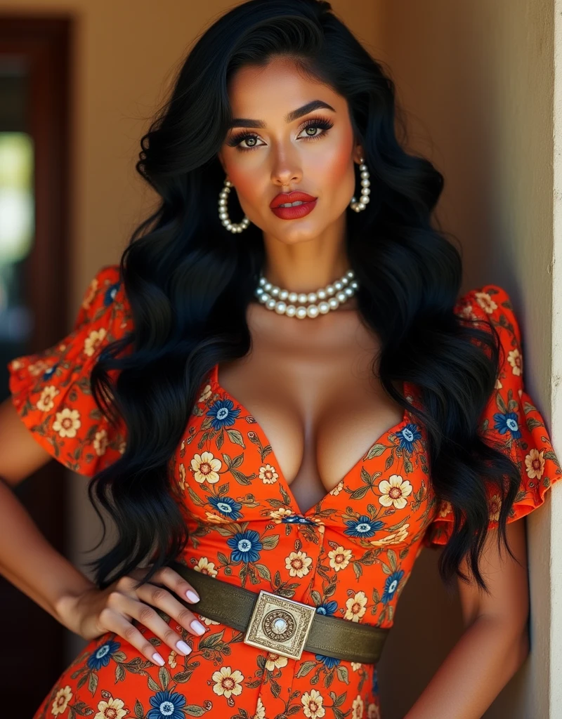 melhor qualidade, alto_Resolução, distinto_imagem, hindi woman with long, wavy black volumous hair, black eyes, plump dark red lips, wearing a vibrant vintage dress with Latin-inspired patterns, such as flowers and geometric shapes. The dress features ed sleeves and a wide belt. The look is completed with large hoop earrings, a pearl necklace, and retro-style mid-heeled shoes. Sensual and confident pose. 