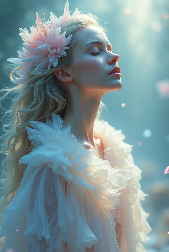 Abstract style, a hauntingly ethereal portrait of a mysterious female figure ohwxkb, wrapped in translucent fabric, crystals decorate hair, amidst a fabulous whirlpool of pastel colors and soft light, evoking a feeling of calm serenity and elusive beauty, high detail, An award-winning masterpiece with incredible detail . Unrepresentative, Colors & Shapes, Expressing Feelings, creative, very detailed