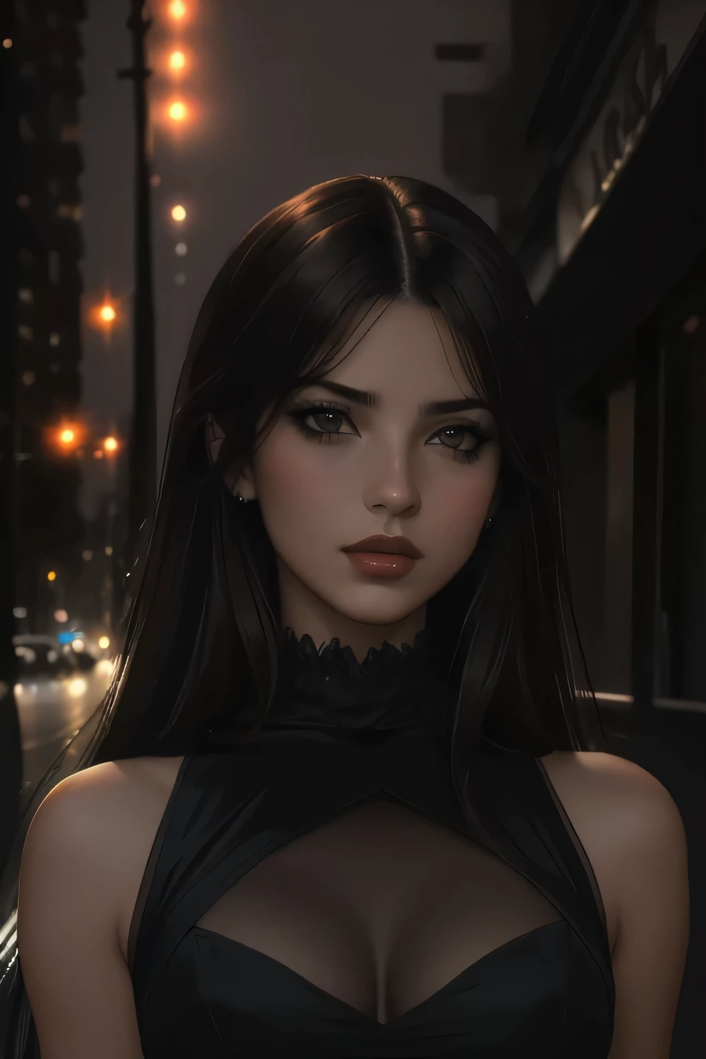 (sharp focus:1.2), photo, portrait, attractive young KariSweets , (beautiful face:1.1), super cute and fun, detailed eyes, luscious lips, (cat eye makeup:0.85), wearing (form fitting black dress:1.2) on a (night street:1.2). (moody lighting:1.2), depth of field, bokeh, 4K, HDR. by (James C. Christensen:1.2|Jeremy Lipking:1.1). by Frank Frazetta, by Luis Royo, by boris vallejo,