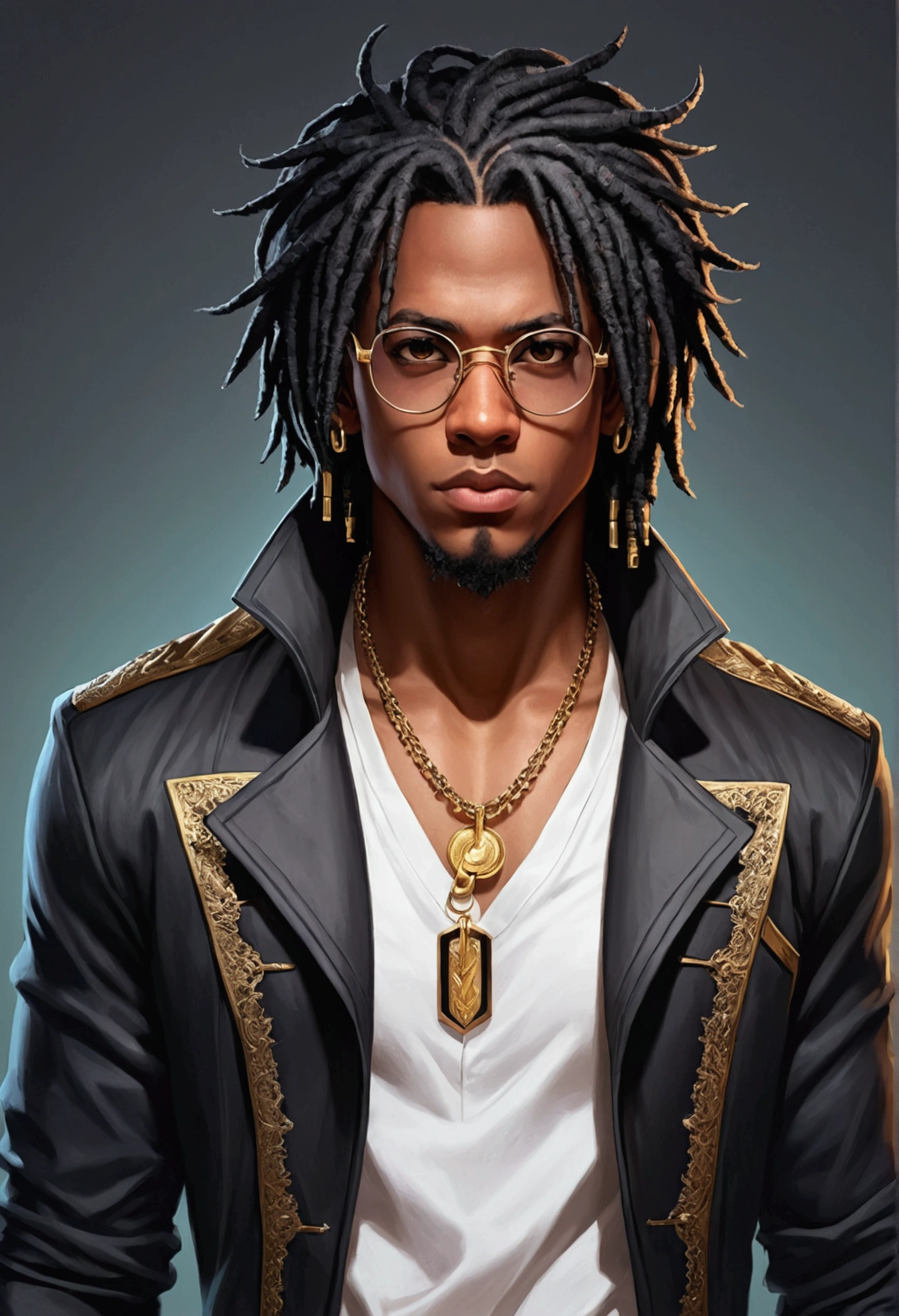 Dark-skinned young man with brown eyes and a black jacket., Black dreadlocks, Black prescription glasses, Hairstyle with dreadlocks, Black horns coming from head, in human style, colorful sketch, unrealistic character concept, Conceptual portrait of my character, подробный character portrait, anime style character, anime style portrait, character portrait, cel - shaded art style, His outfit consists of black, unbuttoned jacket with gold buttons on the front and bottom of the sleeves, he wears a white V-neck shirt., White pants, large black belt with gold buckle, smaller black belt, hanging from the side of her hip, and he&#39;s wearing beige shoes with black buckles, вдохновение King of Fighters potrait 