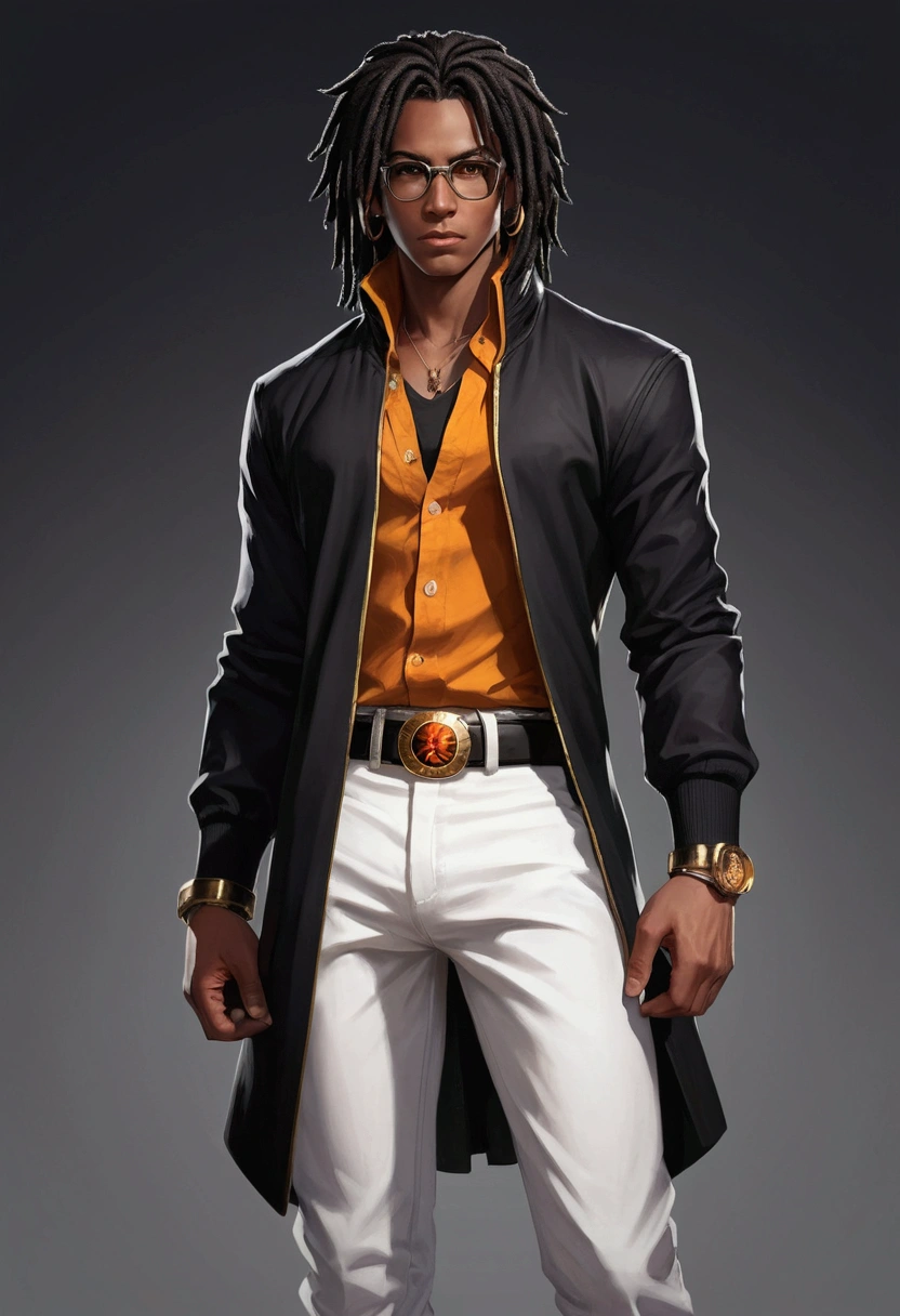 Dark-skinned young man with brown eyes and a black jacket., Black dreadlocks, Black prescription glasses, Hairstyle with dreadlocks, Black horns coming from head, in human style, colorful sketch, unrealistic character concept, Conceptual portrait of my character, подробный character portrait, anime style character, anime style portrait, character portrait, cel - shaded art style, His outfit consists of black, unbuttoned jacket with gold buttons on the front and bottom of the sleeves, he wears a white V-neck shirt., White pants, large black belt with gold buckle, smaller black belt, hanging from the side of her hip, and he&#39;s wearing beige shoes with black buckles, вдохновение King of Fighters potrait 