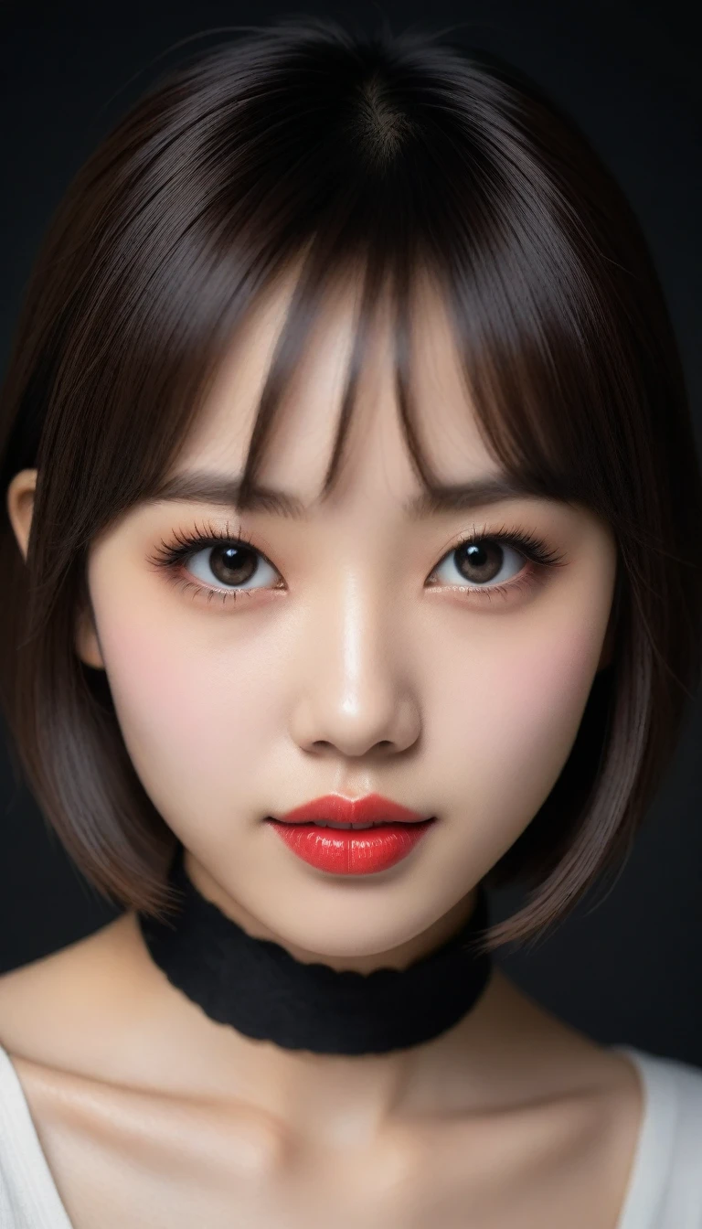 8k, Ultra-high resolution, Highest quality, masterpiece, 三分割法によるphotograph,Surreal, photograph, 1 Girl, (16 years old:1.3), pretty girl, Cute Face, 細部までBeautiful Eyes, 細かくdetailedに,masterpiece,One Girl:1.2,Japanese female announcer,close up,smile,Black Hair,Bowl cut(Ultra-realistic) , (figure), (Increase the resolution), (8k), (非常にdetailedな), (best figure), (Beautiful attention to detail), (Highest quality), (非常にdetailedな), (masterpiece), (wallpaper), (detailedな顔), alone,1 girl, Looking at the audience, Subtle details, detailedな顔s, In the Dark, Deep Shadow, Modest,Pure Erotic Face Ace_v1, smile,Attractive girl、16 years old、(Perfect female body:1.4)、(女の子のポートレートphotograph:1.4)、(Photorealistic images:1.4),Fantasy art,(Beautiful Face:1.4),Beautiful and attractive eyes、Beautiful Eyes、(Tight waist:1.4)、(9 Beautiful girls with perfect body proportions:1.4),Red lips,(choker:1.4),Looking at the audience,(((Ideal body type))),A-cup small breasts :2,、Portraiture:2、Perfect Anatomy、鮮明なdetailed、detailed,Fashion magazine cover,Thin lips,Gray background ,完璧でBeautiful Face ,完璧でCute Face, Skin with attention to detail, Perfect limbs、Narrow waist,Looking at the audience,(((Ideal body type))),A cup small breasts :2,Portraiture:2,Perfect Anatomy,鮮明なdetailed,detailed,Surreal,Light and shadow,spotlight