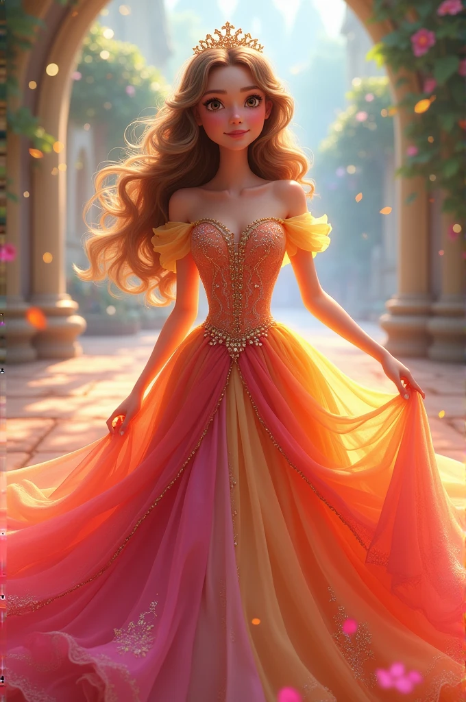 An animated image showing a princess wearing multi-colored dresses