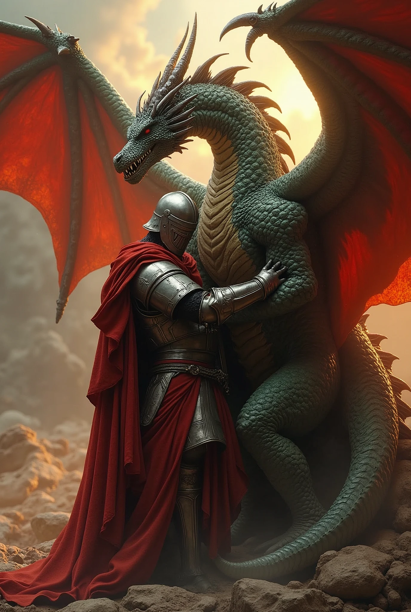 A holy knight being passionately fucked by a Dragon god while the other dragons wait their turn